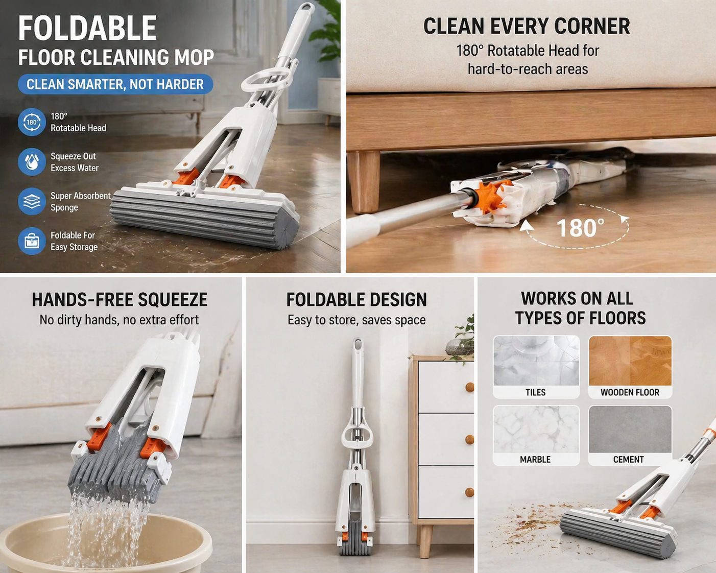 Multi-Purpose Foldable Floor Cleaning Squeeze Mop Wiper