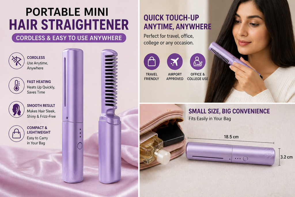 Meneflix Portable Mini Hair Straightener Cordless Rechargeable Mini Adjustable Hair Straightener Hot Comb