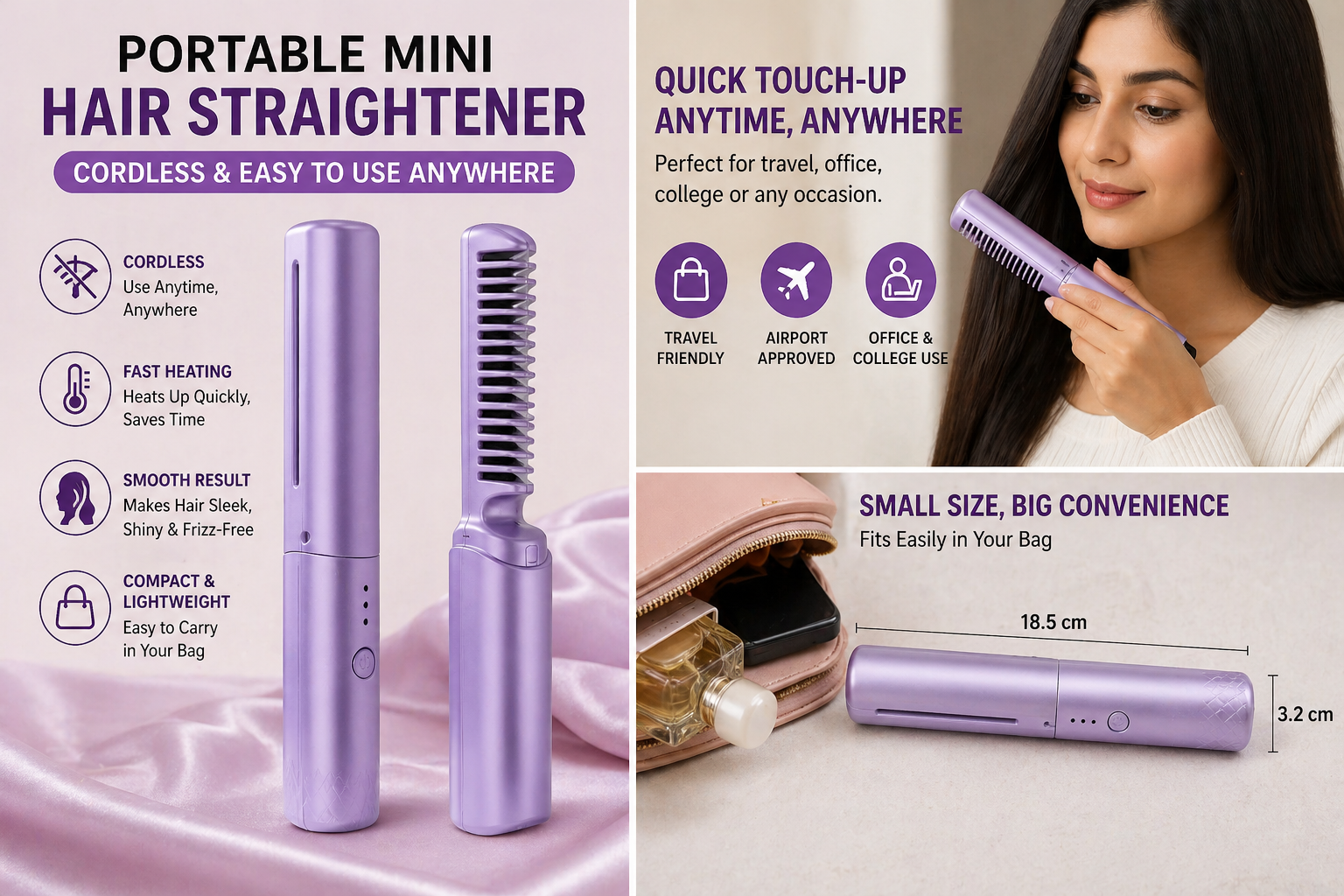 Meneflix Portable Mini Hair Straightener Cordless Rechargeable Mini Adjustable Hair Straightener Hot Comb